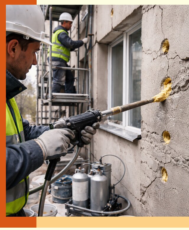 Заполнение пустот в фасаде и утепление стен в Серпухове